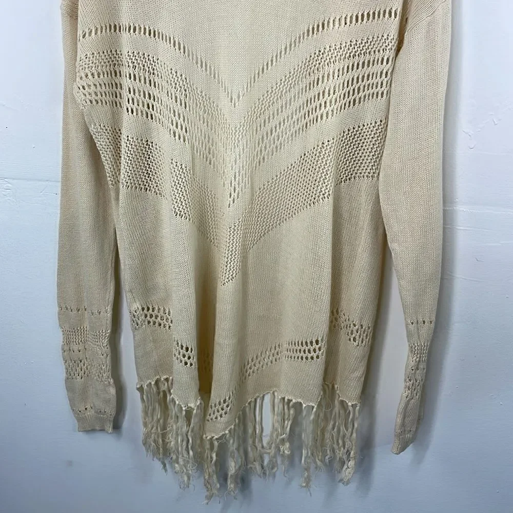 Wild Pearl Open Cardigan with fringe boho cotton crochet design Large cream